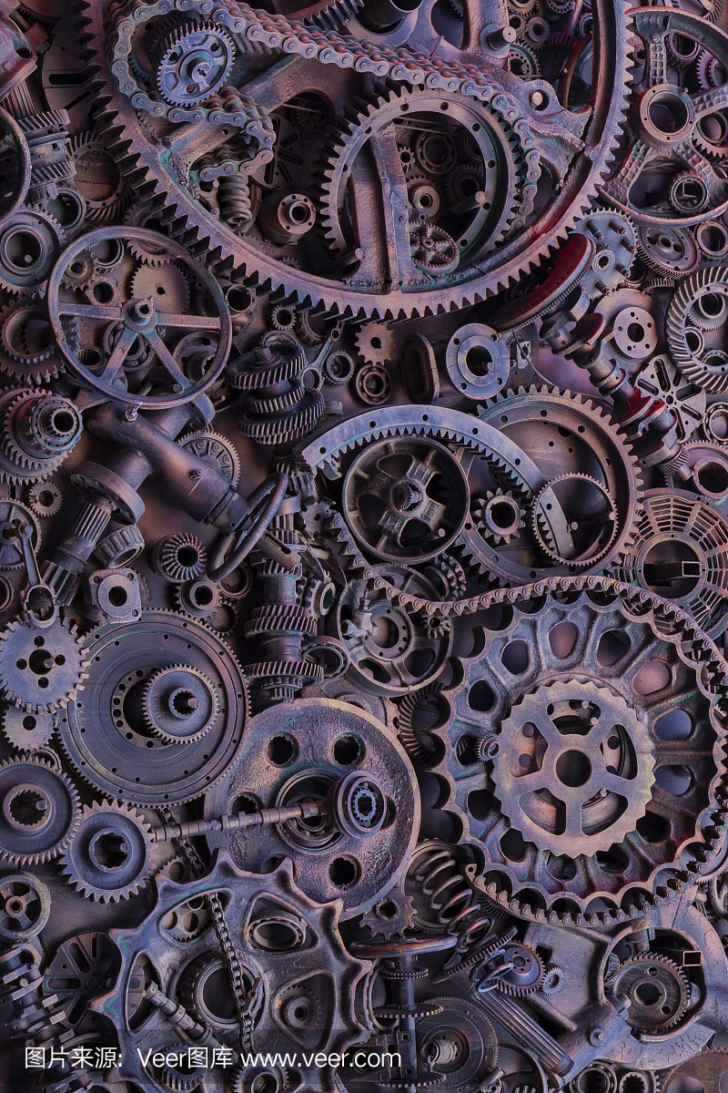 蒸汽朋克背景,機(jī)器零件,大齒輪和鏈條的機(jī)器和拖拉機(jī)。陳舊生銹的機(jī)器和機(jī)械部件。彈簧、軸承、活塞、曲軸、凸輪軸。